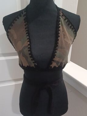 Crochet-Trim Camo Halter Tie-Back Crop Top